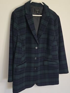 Talbots Navy and Green Tartan Plaid Wool-Blend Blazer Preppy Normcore 22W